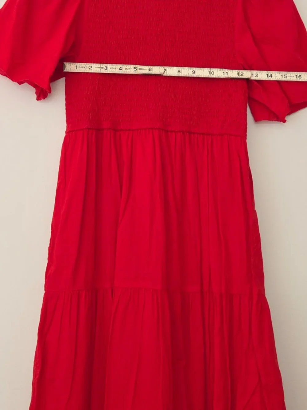 Monoprix Red Smocked Midi Dress NWOT lined - Picture 5 of 11
